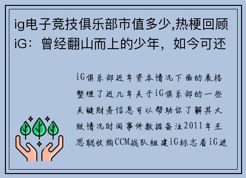 ig电子竞技俱乐部市值多少,热梗回顾iG：曾经翻山而上的少年，如今可还有人记得他们的ID？？